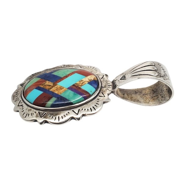 Shube Sterling Silver Navajo Mosaic Inlay Pendant #20786 - Picture 3 of 9